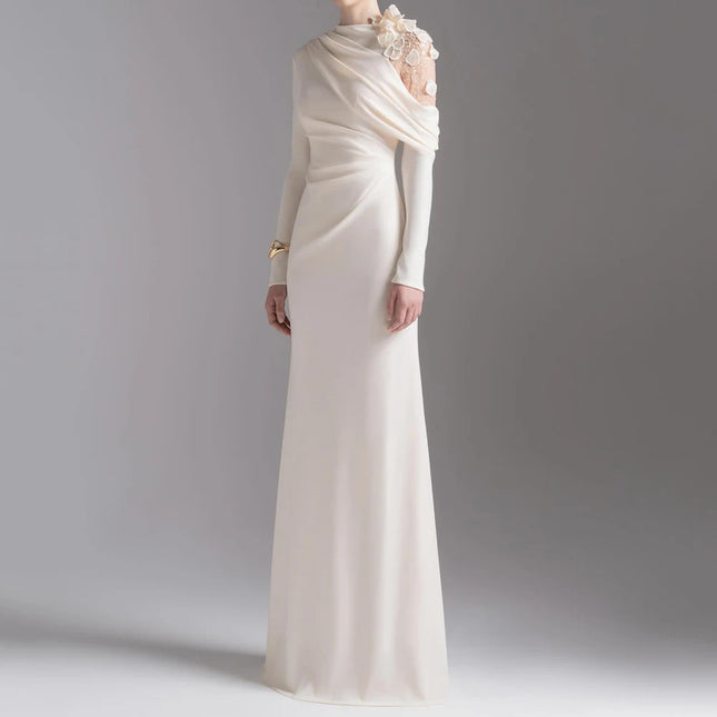 Maßgeschneiderte A-Linien Abendkleider, bodenlang, hochgeschlossen, lange Ärmel, Ballkleid, modische Blumen, schlicht drapiert, lässiges Partykleid