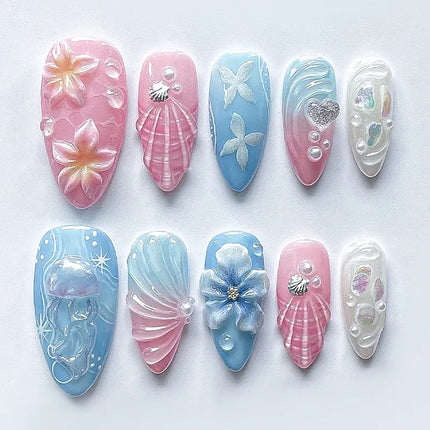 24pcs Almond False Nails Tips Summer Beach Colorful Nails Sets with Pearl Flower Design Press on Nails Art Wearable Fake Nail