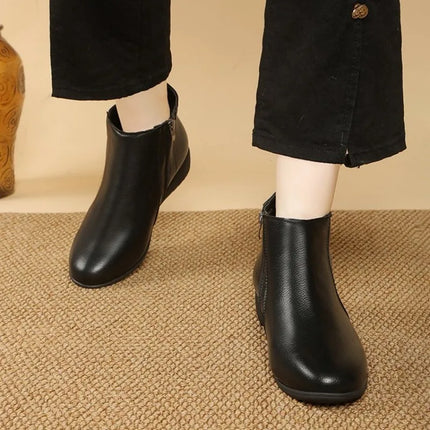 Booties Round Toe Leather Ankle Boots for Women Fur Woman Short Shoes Flat Fashion 2026 Chic and Elegant High Quality Autumn Hot