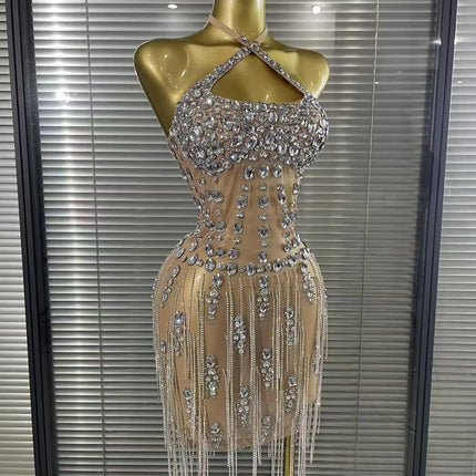 Luxury Crystals Diamonds Evening Party Dress Women Sexy Halter See Through Mesh Birthday Gowns Nightclub Singer Stage Wear