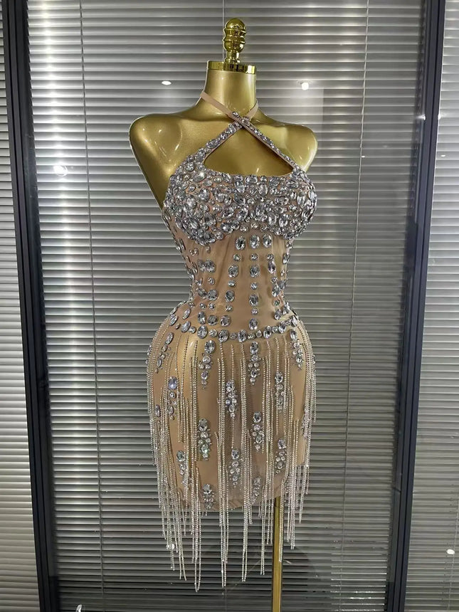 Luxus-Kristall-Diamant-Abendkleid für Damen, sexy Neckholder, durchsichtiges Mesh, Geburtstags-Gown, Nachtclub-Sänger-Bühnenkleidung