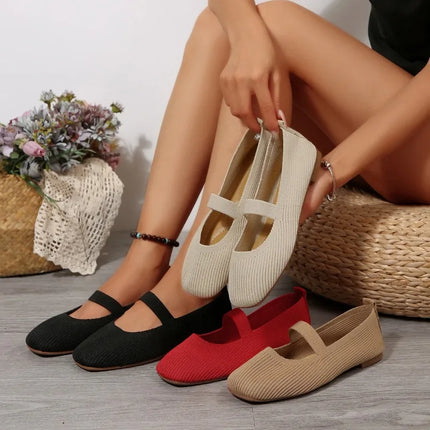 Women Casual Knitted Ballet Flats Shoes 2025 Comfortable Anti-slip Strap Loafers Mary Jane Lightweight Daily Walking Sneakers
