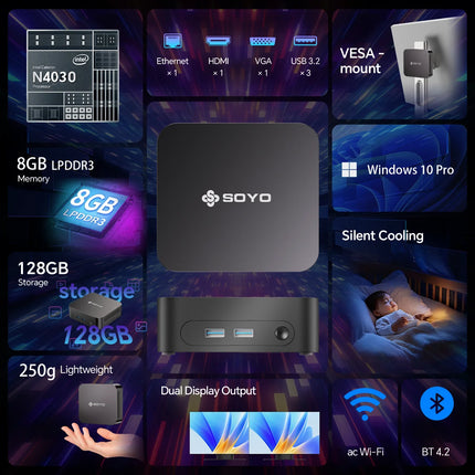 SOYO Mini PC Y5 Intel Core I3 4030U 8GB RAM 128GB ROM Windows 10 Pro WiFi BT4.2 Desktop Computer 22NM Office Desktop Computer Dual HDMI 4K Display VESA Mount