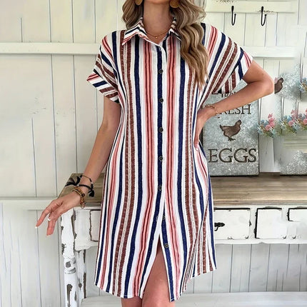 2025 New Woman Dress Women's Clothing Summer Lapel Loose Short Sleeved Shirt Button Striped Dress Beach Party Women's Mini Dress