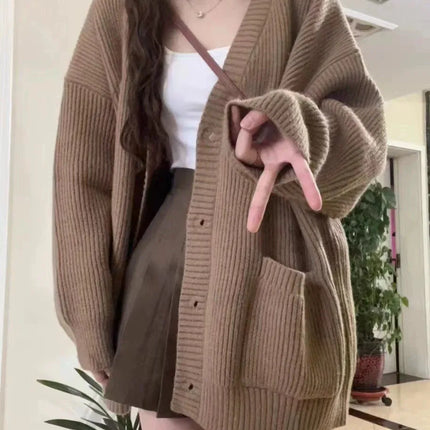 Loose Cardigan Women Long Sleeve V-neck Knitted Black Slouchy All-match Female Autumn Winter Coats Korean Chic Baggy Tops MLQ9