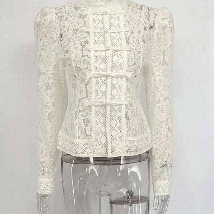 Summer Lace Printed Shirts Tops Hollow Out Commute Vintage See-Through Blouse Lace Shrug Shirts