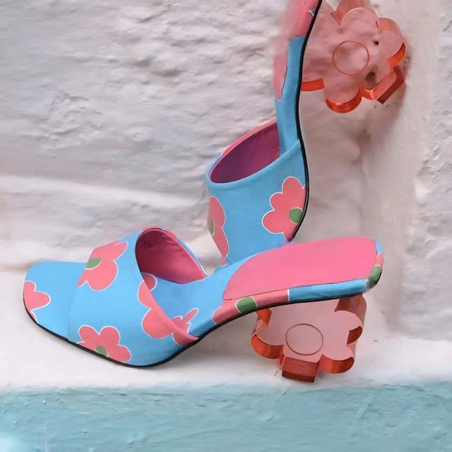 Retro Style Pink Floral Print Mule Sandals Playful Daisy Pattern Clear Acrylic Flower Heel Round Toe Design Summer Casual Daily