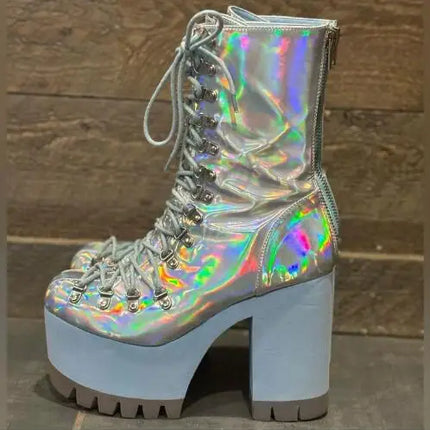 Size 47 Women Sliver Laser Shiny Patent Leather Cross Tied Lace Up Round Toe Platform Chunky Heels Ankle Boots Punk Short Boots