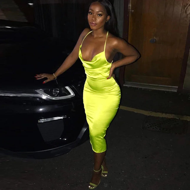 Neon Satin Lace Up Long Midi Dress Light Pink Bodycon Backless Elegant Party Sexy Club Clothes Summer Dinner