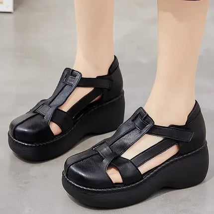 Top quality 6.5CM Retro Summer Shoes Women Wedges Sandals Handmade Genuine Leather Hollow Platform Casual Sandals Female Black