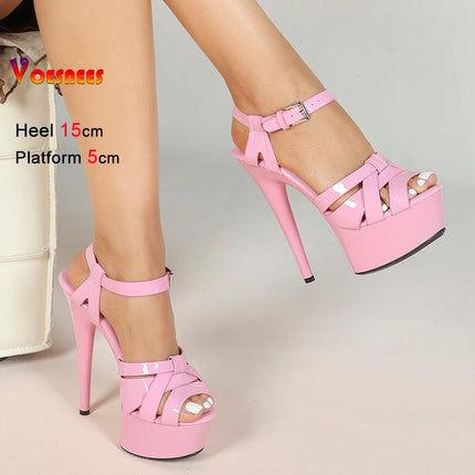 New Summer Pink Women Sandals Thin Heels 15cm Platform 5cm Cross Straps Ankle Buckle Round Toe Ladies Pumps Stiletto Party Shoes