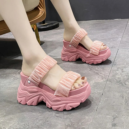 New 10CM Summer Platform Slippers Women Blue Pleated Riband Discolor Ladies Chunky Sole Beach Cool Wedges Slides Shoes Woman