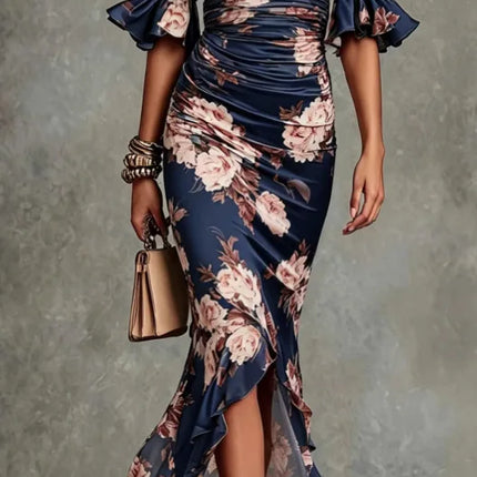 2026 Women's Sexy Deep V Neck Ruffles Maxi Dress Female Fashiont Floral Print Mermaid Party Dress Flare Sleeve Satin Long Dress