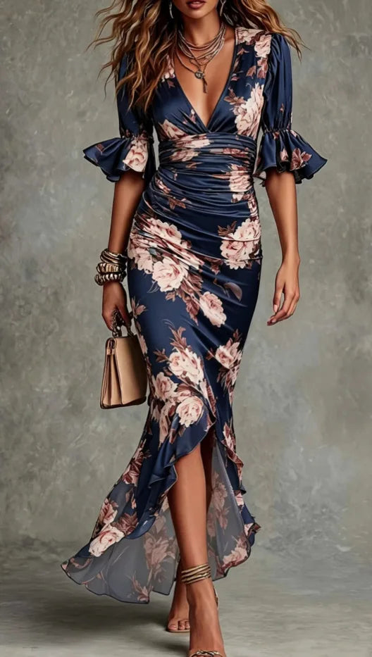 2026 Damen sexy Maxikleid mit tiefem V-Ausschnitt und Rüschen, weibliches Mode-Kleid mit floralem Muster, Meerjungfrauen-Partykleid, ausgestellte Ärmel, Satin-langes Kleid