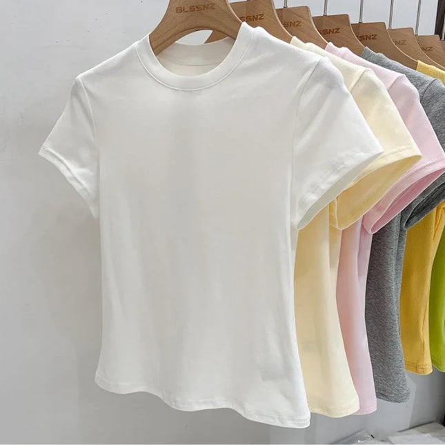 Zjaiss 2026 O-Neck Fashion T-Shirt Summer Sexy Basic Top Solid Short Sleeve Womens Tshirt Casual Korean - product image 2