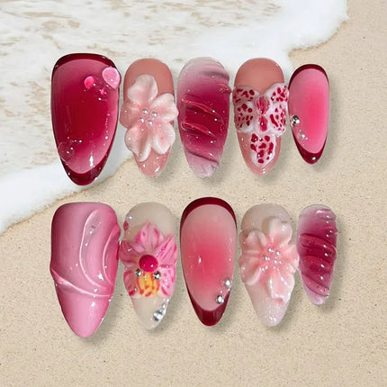24Pcs Mid-length Gilded Almond Nails Set Press on 3D Flower Gradient Pink Full Cover False Nails Tips Pearl Reusable Fake Nails
