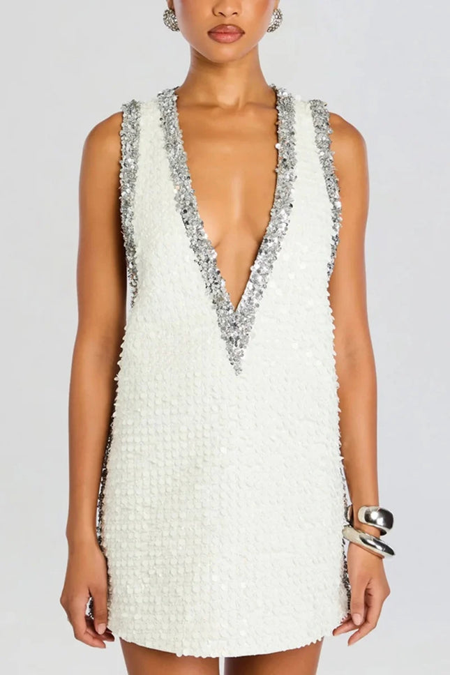 Elegantes Pailletten-Tankkleid Sommerkleidung Damen 2026 Tiefer V-Ausschnitt Ärmellose Minikleider Abendparty Club CHIC Kleid Vestidos