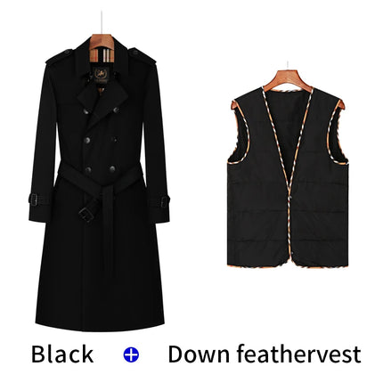 Men's trench coat long knee length with double breasted British plaid cotton lining down inner lining windbreaker mens