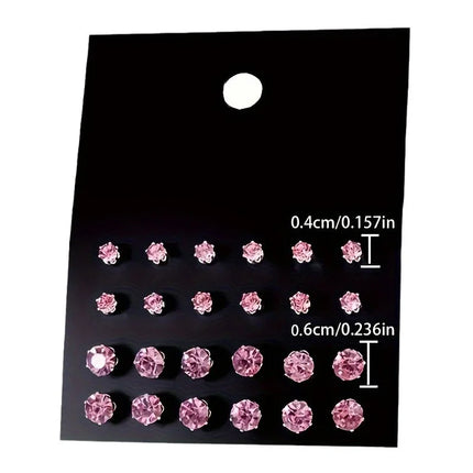 12 Pairs Classic Pink Rhinestone Stud Earrings Exquisite 4/6MM Crystal Stone Earrings Women's Elegant Banquet Jewelry Gifts