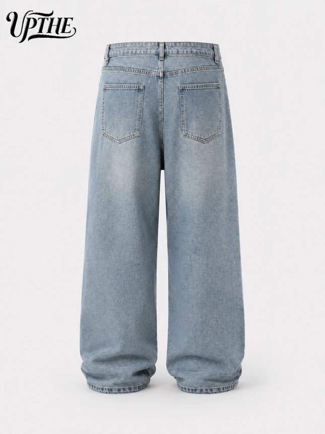 UP.THE Jeans anchos holgados ligeros lavados para hombre, pantalones de mezclilla lisos extragrandes sueltos Y2K, pantalones básicos minimalistas de streetwear para atuendos casuales diarios