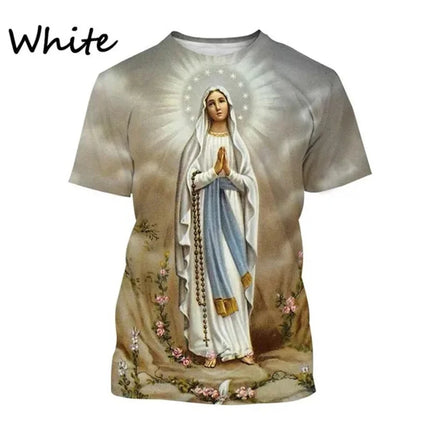 Virgin Mary T Shirt Goddess of Mercy 3D Print T-Shirt Christian Blessed Jesus God Tee Shirts Womens Clothing Unisex Short Sleeve