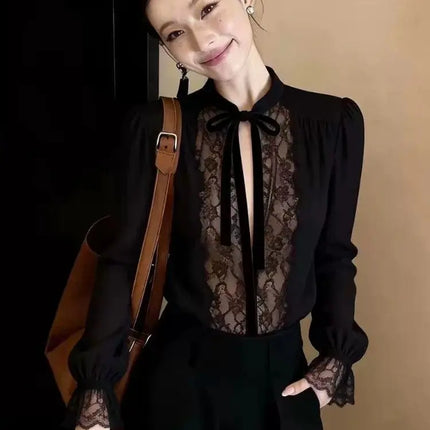 Luxury Black Lace Long Sleeve Top Mesh Sheer V Neck Lace Up Tied T Shirt Elegant Clothes Casual Basic Tees