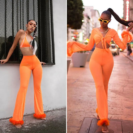 Bra Crop Top and Long Pants Set Suit Night Sets Women Sexy Lace Transparent Women 4 Piece Sets Skinny Party