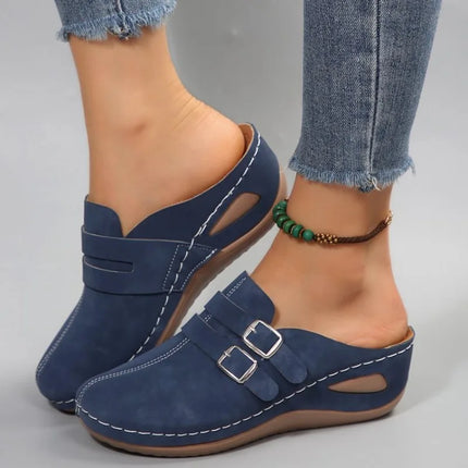 Womens Slip on Mules Clogs Closed Toe Slippers Double Buckle Strap Cutout Stitching Wedge Casual Comfort Nursing Work Footwear