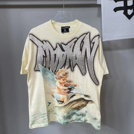 Fashion Brand Mixed Emotion Embroidery Rhinestone American Streetwear Angel Print Hot Diamond Top Tee Men Women Loose T shirts