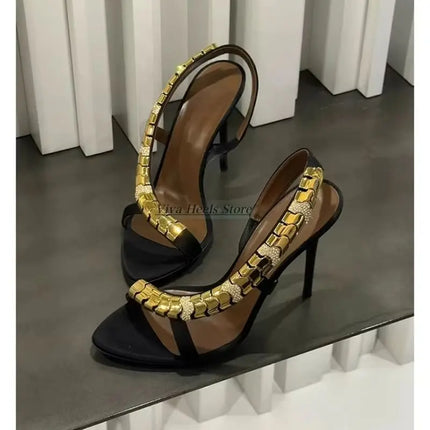 Gold metal chain sexy leather sandals for women champagne/black high heels luxury designer party gift shoes 2026 summer new in