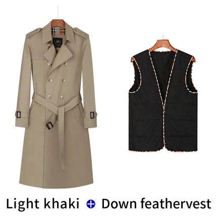 Men's trench coat long knee length with double breasted British plaid cotton lining down inner lining windbreaker mens