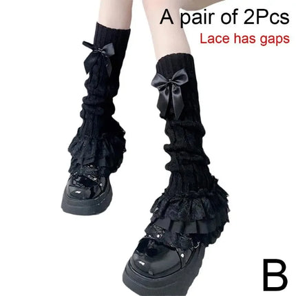 Japanese Women Knitted Leg Warmer Bow Tiered Ruffled Socks Girl Lace Lolita Socks Calf T-shaped Lace Leg Horn Warmers Women
