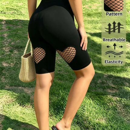 Women's High Waist Heart Fishnet Hollow Out Shorts High Elastic Breathable Black Shorts for Daily Club