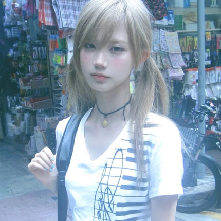 Tonngirls Y2k Aesthetic T Shrit Women V Neck Print Graphic Tops Japanese 2000s Vintage Tee Tops E-girls American Retro Tshirts