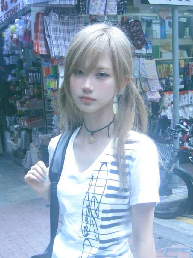 Tonngirls Y2k Ästhetik T-Shirt Damen V-Ausschnitt bedruckte Grafik-Oberteile Japanische 2000er Vintage T-Shirts E-Girls Amerikanische Retro T-Shirts