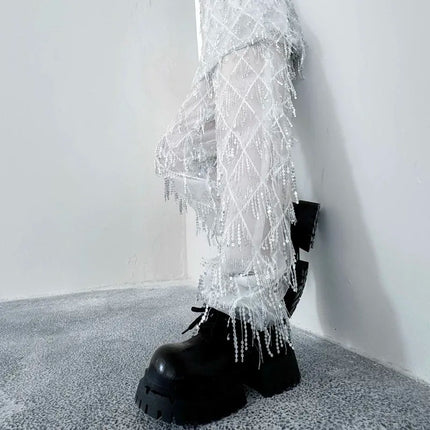 2025 Fashion Sequin Tassel Wide Leg Pants Stage Performance Costume Man Woman Punk Hip Hop Straight Pants Black White Red