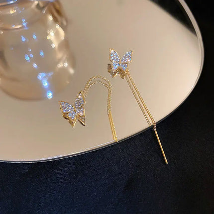 1pair Pave Crystal Butterfly Long Threader Earrings for Women Teen Girls, Dainty S Curved Thin Gold Chain Drop Ear Line, Nickel Free Elegant Accessories Gift for Wedding Bridesmaid Date Prom Birthday Holiday