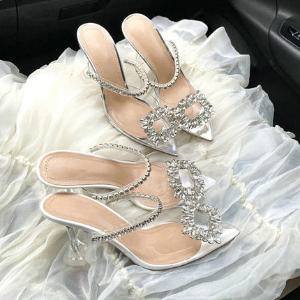 New PVC Transparent Crystal Women Slippers Summer Pointed Toe High Heels Sexy Slides Ladies Party Sandals Pumps Shoes