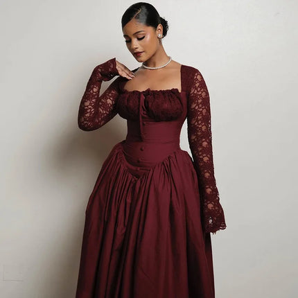 Elegant Vintage Women Dress Long Lace Sleeve Square Collar Slim Waist Big Hem Long Dress