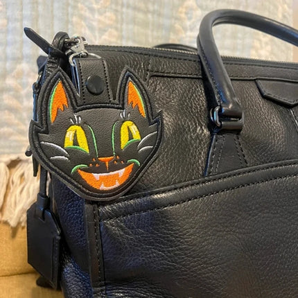 Vintage Halloween Scaredy Black Cat - Embroidered Vinyl Keychain