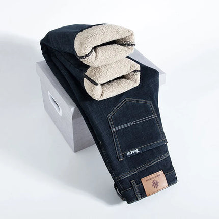Winter Warm Fleece Jeans Men 2025 Straight Stretch Thick Casual Thermal Denim Pants Male Business Work Trousers New Men Clothing