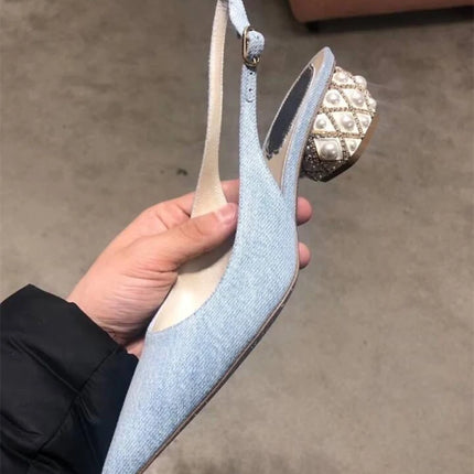 Women's Summer New Thick Heel Pointed Head Bag Head Sandals Women's Rhinestone Pearl Heel One-word Buckle Medium Heel High Heels