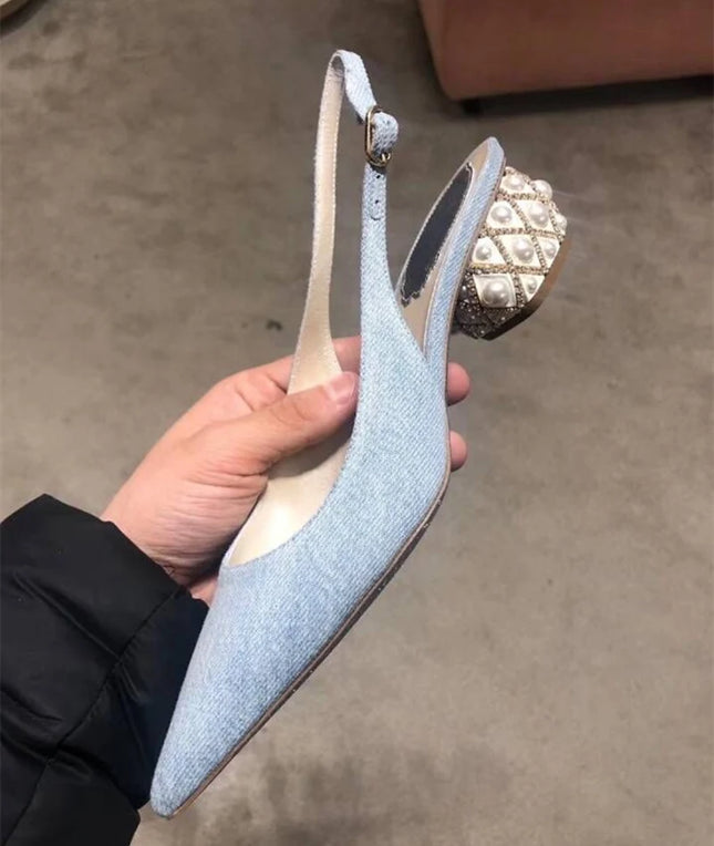 Women's Summer New Thick Heel Pointed Head Bag Head Sandals Women's Rhinestone Pearl Heel One-word Buckle Medium Heel High Heels