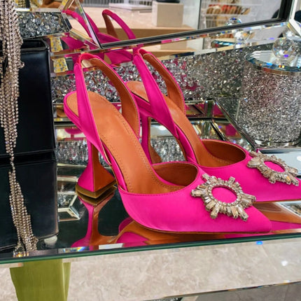 2025 European and American Women's New High Heel Sandals Sunflower Water Diamond Buckle High Heels Pointed Heel Satin Shoes