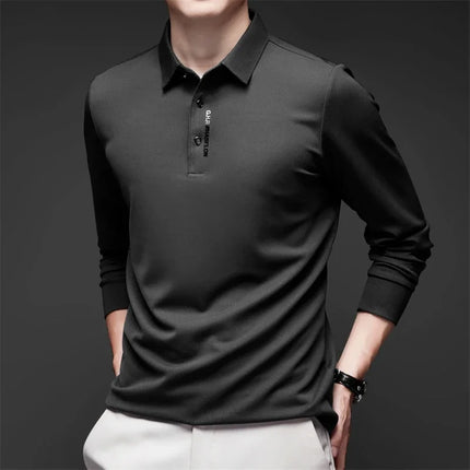 New Men's Business Casual Long Sleeved Shirt with Badge Solid Color Polo Shirt Fashionable Breathable - product image 13