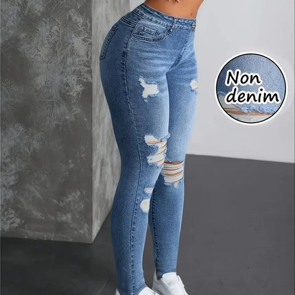 Fashion Women's Faux Denim Printed Skinny Pants, High-Elastic Seamless Leggings with Fake Pockets, Full-Length Sports Leggings