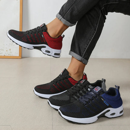 Men's Black Grey Knit Air Cushion Sneakers Breathable Non-Slip Lightweight Casual Running Shoes for Daily Walking Work