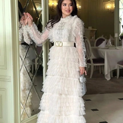 Elegant Cake Dress Spring Clothing Women Full Sleeve O-neck Maxi Long Dresses Evening  Party Club Ball Gown Mesh Dress Vestidos