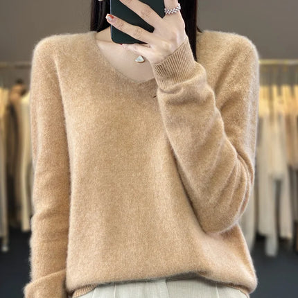 Fashion100% Merino Wool Sweater Cashmere  Pullover Women Knitwear V-Neck Long Sleeve  Autumn Winter Fashion Basic Clothing  Tops
