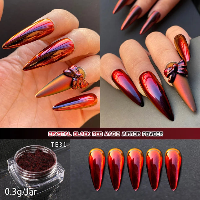 HNDO Polvo de cromo para uñas efecto espejo con purpurina, pigmento camaleón profesional para manicura, colores degradados rojo-negro TE31